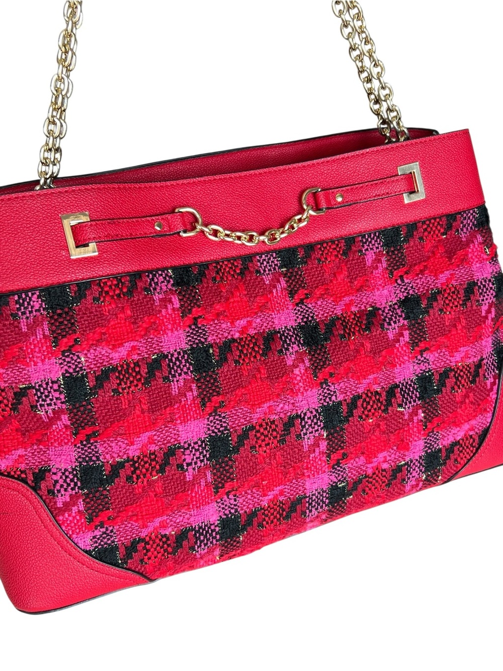 Cato Red Plaid Tweed Textured Shoulder Bag with Chain Strap Accent Size L